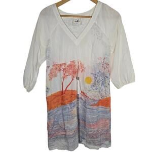 Anthropologie‎ Mermaid Cotton Silk Knee Landscape Sunset Beach Medium Dress